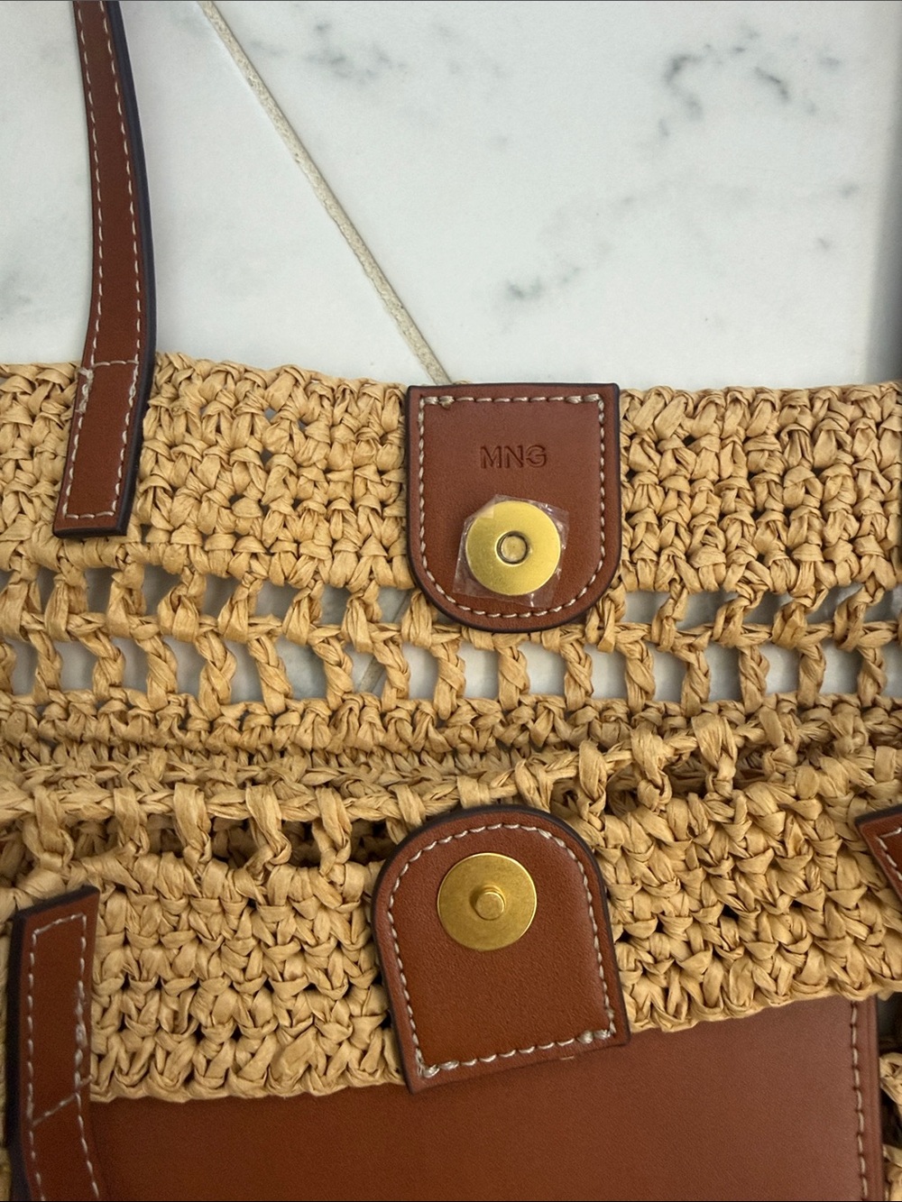 Mango Woven Straw Tote Bag with Brown Leather Accents - Picture 2 of 4